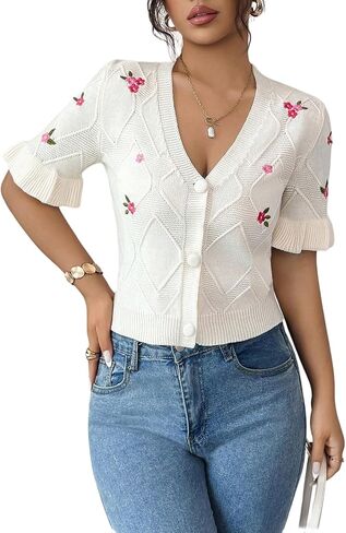 SOLY HUX Women's Floral Embroidery Cardigan V Neck Ruffle Short Sleeve Button Down Knitted Sweater Tops in Saudi Arabia