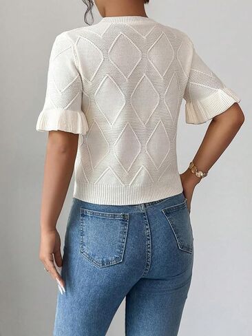 SOLY HUX Women's Floral Embroidery Cardigan V Neck Ruffle Short Sleeve Button Down Knitted Sweater Tops in Saudi Arabia