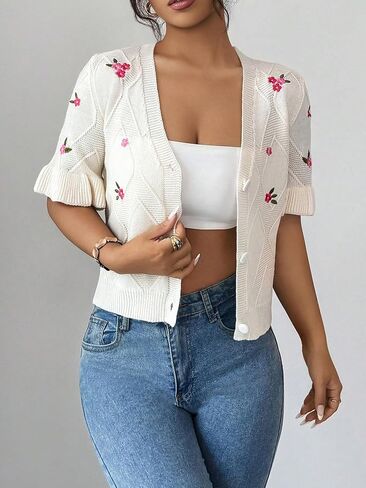 SOLY HUX Women's Floral Embroidery Cardigan V Neck Ruffle Short Sleeve Button Down Knitted Sweater Tops in Saudi Arabia