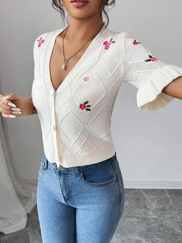 SOLY HUX Women's Floral Embroidery Cardigan V Neck Ruffle Short Sleeve Button Down Knitted Sweater Tops in Saudi Arabia