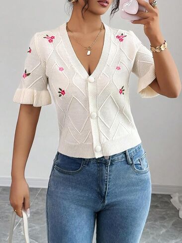 SOLY HUX Women's Floral Embroidery Cardigan V Neck Ruffle Short Sleeve Button Down Knitted Sweater Tops in Saudi Arabia