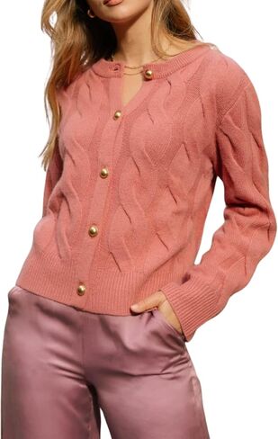 Omoone Short Cardigan Sweaters for Women Loose Crewneck Cable Knit Tops Casual Chunky Button Up Fall Outfits in Kuwait