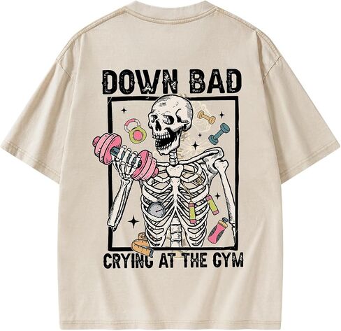قميص الصالة الرياضية النسائي مطبوع عليه Down Bad Crying at The Gym - تصميم مبتكر وممتع، تي شيرت رياضي من القطن ثقيل الوزن مغسول in Kuwait