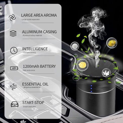 Waterless Car Diffuser for Essential Oils. Battery Operated Air Freshener, USB-C Rechargeable, Quiet, Leak-Proof, Countdown Timer, Auto-Off, Perfect for Car Home Office(Black) in Saudi Arabia