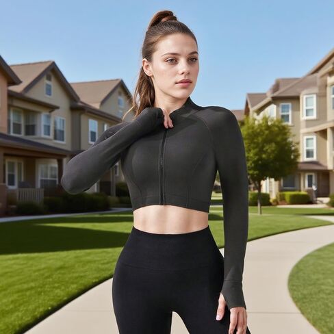 Women’s Long Sleeve Workout Crop Top with Thumbholes Half Zip Athletic Yoga Pullover Slim Fit Knitted Activewear in Saudi Arabia
