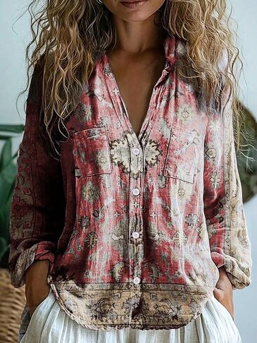 Boho Tunic for Women Long Sleeve V Neck Vintage Floral Print Blouses Casual Loose Fit Ladies Summer Tops in Saudi Arabia