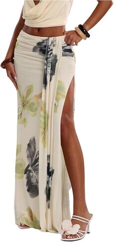 GORGLITTER المرأة الأزهار طباعة Ruched Bodycon تنانير طويلة العصرية متأنق الخريف منخفضة الخصر Y2k انقسام التنانير الطويلة 2025 in Kuwait