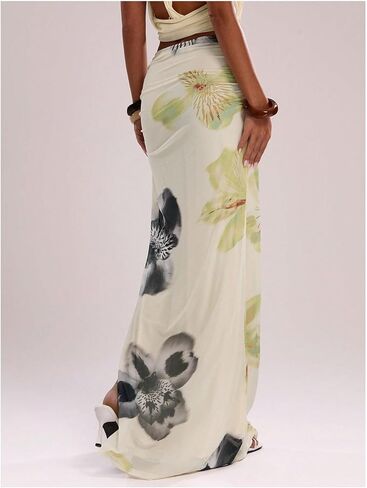 GORGLITTER المرأة الأزهار طباعة Ruched Bodycon تنانير طويلة العصرية متأنق الخريف منخفضة الخصر Y2k انقسام التنانير الطويلة 2025 in Kuwait