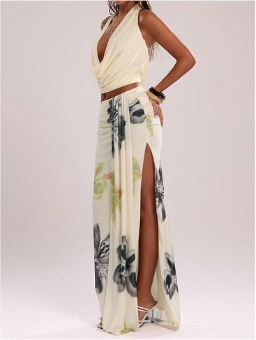 GORGLITTER المرأة الأزهار طباعة Ruched Bodycon تنانير طويلة العصرية متأنق الخريف منخفضة الخصر Y2k انقسام التنانير الطويلة 2025 in Kuwait