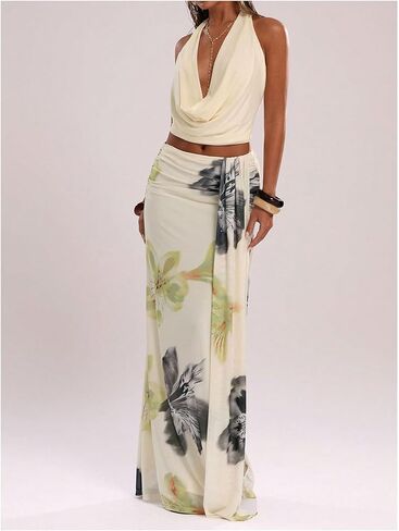 GORGLITTER المرأة الأزهار طباعة Ruched Bodycon تنانير طويلة العصرية متأنق الخريف منخفضة الخصر Y2k انقسام التنانير الطويلة 2025 in Kuwait