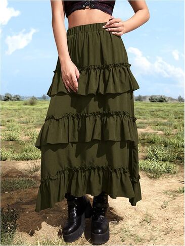 تنورة Verdusa النسائية ذات الطبقات الواسعة ذات الطبقات Y2k ذات الكشكشة وطبقات طويلة باللون الأخضر، مقاس صغير in Kuwait