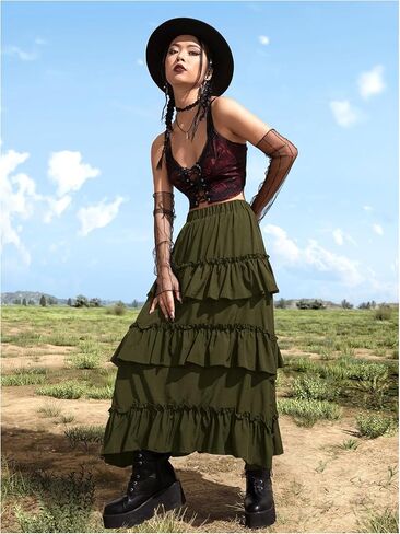 تنورة Verdusa النسائية ذات الطبقات الواسعة ذات الطبقات Y2k ذات الكشكشة وطبقات طويلة باللون الأخضر، مقاس صغير in Kuwait