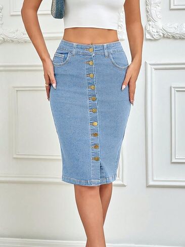 Women's Denim Pencil Skirt - Button Accented Elastic Waist with Functional Pockets, Casual Slim Fit in Saudi Arabia