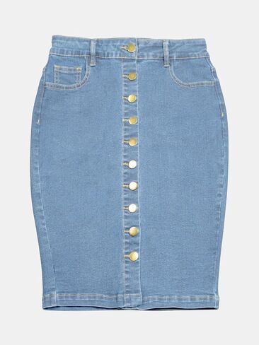 Women's Denim Pencil Skirt - Button Accented Elastic Waist with Functional Pockets, Casual Slim Fit in Saudi Arabia