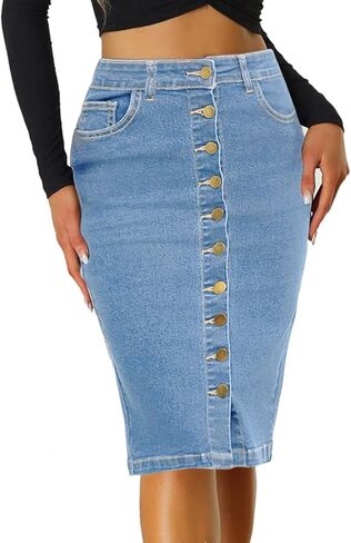 Women's Denim Pencil Skirt - Button Accented Elastic Waist with Functional Pockets, Casual Slim Fit in Saudi Arabia