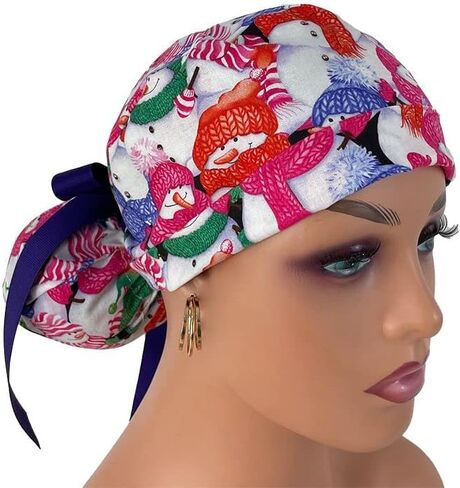 Turn Up Ponytail Medical Scrub Cap – Christmas Jamboree – Dancing Snowmen - Dr. Hats, Nurses Hats. Bouffant Scrub Hats. Unisex Scrub Cap. Scrub Hat for Women & Men tie Back | Working Cap in Saudi Arabia