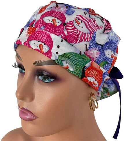 Turn Up Ponytail Medical Scrub Cap – Christmas Jamboree – Dancing Snowmen - Dr. Hats, Nurses Hats. Bouffant Scrub Hats. Unisex Scrub Cap. Scrub Hat for Women & Men tie Back | Working Cap in Saudi Arabia