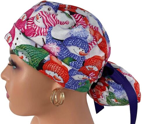 Turn Up Ponytail Medical Scrub Cap – Christmas Jamboree – Dancing Snowmen - Dr. Hats, Nurses Hats. Bouffant Scrub Hats. Unisex Scrub Cap. Scrub Hat for Women & Men tie Back | Working Cap in Saudi Arabia