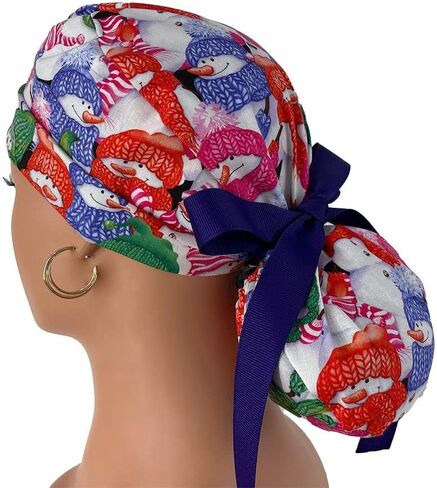 Turn Up Ponytail Medical Scrub Cap – Christmas Jamboree – Dancing Snowmen - Dr. Hats, Nurses Hats. Bouffant Scrub Hats. Unisex Scrub Cap. Scrub Hat for Women & Men tie Back | Working Cap in Saudi Arabia