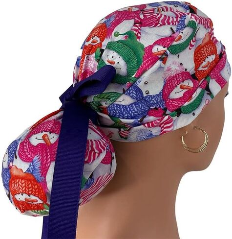Turn Up Ponytail Medical Scrub Cap – Christmas Jamboree – Dancing Snowmen - Dr. Hats, Nurses Hats. Bouffant Scrub Hats. Unisex Scrub Cap. Scrub Hat for Women & Men tie Back | Working Cap in Saudi Arabia