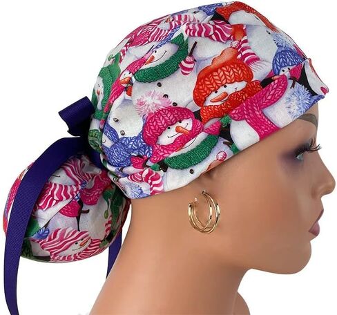 Turn Up Ponytail Medical Scrub Cap – Christmas Jamboree – Dancing Snowmen - Dr. Hats, Nurses Hats. Bouffant Scrub Hats. Unisex Scrub Cap. Scrub Hat for Women & Men tie Back | Working Cap in Saudi Arabia
