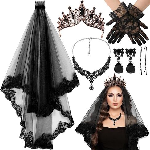 Quelay 5 Pcs Halloween Costume Black White Goth Choker Set Veil with Comb Jewelry Crown Tiara Lace Necklace Earring for Women in Saudi Arabia