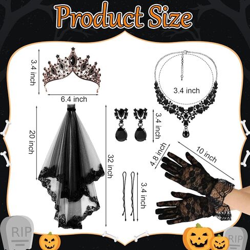 Quelay 5 Pcs Halloween Costume Black White Goth Choker Set Veil with Comb Jewelry Crown Tiara Lace Necklace Earring for Women in Saudi Arabia