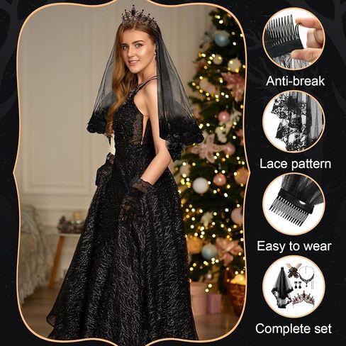 Quelay 5 Pcs Halloween Costume Black White Goth Choker Set Veil with Comb Jewelry Crown Tiara Lace Necklace Earring for Women in Saudi Arabia