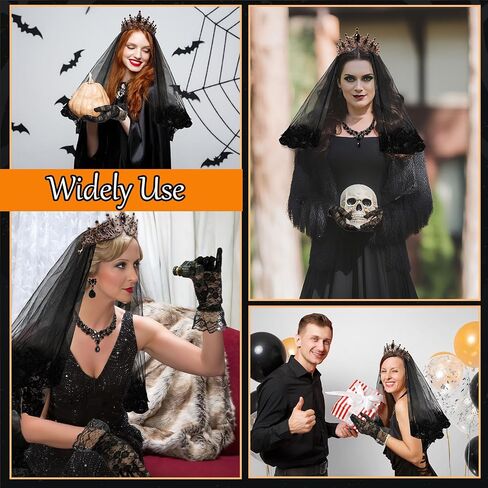 Quelay 5 Pcs Halloween Costume Black White Goth Choker Set Veil with Comb Jewelry Crown Tiara Lace Necklace Earring for Women in Saudi Arabia