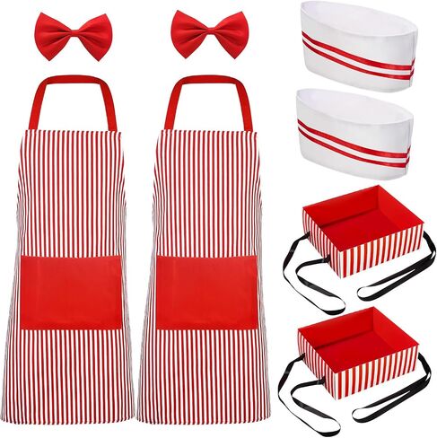 1950s Waiter Costume Kit Soda Jerk Outfit Red White Striped Apron Chef Hat Bow Tie Snack Tray for Halloween Waitress Cosplay in Saudi Arabia