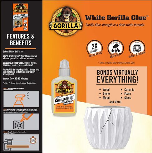 Gorilla White Waterproof Polyurethane Glue, 2 ounce Bottle, White, (Pack of 6) in Saudi Arabia