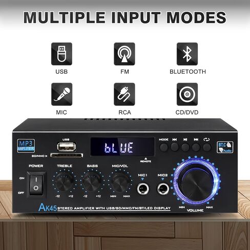 AK45Pro Stereo Receivers Amplifier Home Audio with Bluetooth 5.3, 2.0 Channel Power Amplifier for Home Stereo Syetem with RCA,SD,FM,USB, MIC in,Stereo Amplifier for Passive Speaker in Saudi Arabia