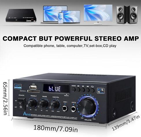 AK45Pro Stereo Receivers Amplifier Home Audio with Bluetooth 5.3, 2.0 Channel Power Amplifier for Home Stereo Syetem with RCA,SD,FM,USB, MIC in,Stereo Amplifier for Passive Speaker in Saudi Arabia