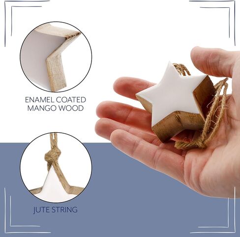 AuldHome Design Farmhouse Star Ornaments (12-Pack, White); Wood w/White Enamel 2-Inch Star Christmas Decorations, Retro Vintage Enamelware Style in Kuwait