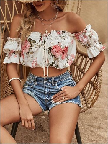 Milumia Women's Floral Off Shoulder Blouse Puff Short Sleeve Frill Trim Tie Front Crop Top in Saudi Arabia