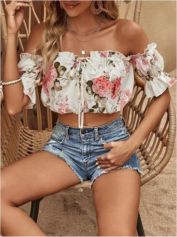 Milumia Women's Floral Off Shoulder Blouse Puff Short Sleeve Frill Trim Tie Front Crop Top in Saudi Arabia