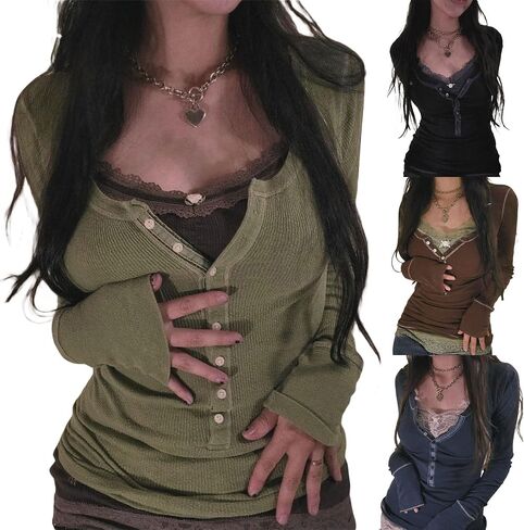 Women Y2K Vintage Lace Button Fairy Shirt Square Collar Basic Shirt Harajuku Aesthetic Blouse Grunge Clothes in Kuwait