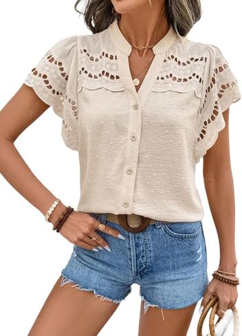 Women's Eyelet Embroidery Blouse V Neck Button Down Shirt Flounce Short Sleeve Top with Cutout Detail in Kuwait
