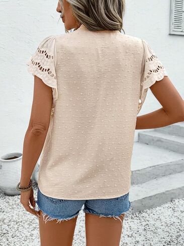 Women's Eyelet Embroidery Blouse V Neck Button Down Shirt Flounce Short Sleeve Top with Cutout Detail in Kuwait