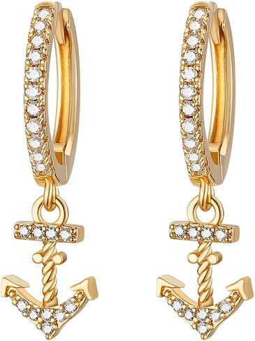 HZMAN Nautical Anchor Dangle Earring for Women 14K Gold Plated Dainty Cubic Zirconia Drop Earrings Jewelry Gift in Saudi Arabia