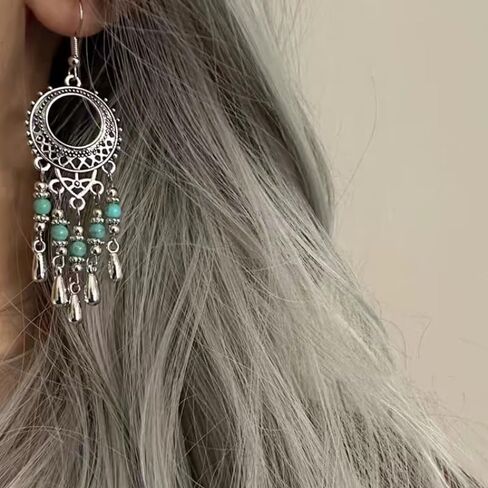 بوهو اليدوية خمر الفيروز الأقراط للنساء المتدلية الفضة البوهيمي الملونة المرصعة الأحجار هندسية منقوشة زهرة نمط جولة طويلة شرابة انخفاض الأقراط الهدايا والمجوهرات الغربية in Kuwait