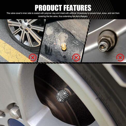 4PCS Bling Crystal Diamond Tire Stem Valve Caps, Tire Valve Stem Covers, Dustproof Car Wheel Tire Valve Caps, Universal Handmade Crystal Rhinestone Car Accessories for Vehicles (Silver) in Saudi Arabia