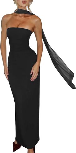Womens Sexy Strapless Maxi Cocktail Dress with Scarf Back Split Bodycon Tube Party Wedding Guest Dresses in Saudi Arabia