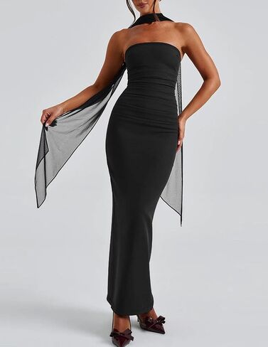 Womens Sexy Strapless Maxi Cocktail Dress with Scarf Back Split Bodycon Tube Party Wedding Guest Dresses in Saudi Arabia