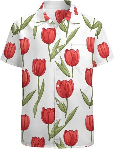 Tulip-Floral Pattern Mens Button Down Short Sleeve Shirt Casual T Shirts Summer Beach Tops with Pocket in Saudi Arabia