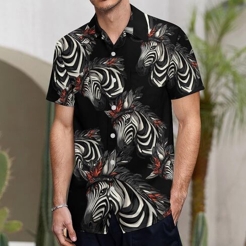 Ethnic Tribal Zebra Mens Button Down Short Sleeve Shirt Casual T Shirts Summer Beach Tops with Pocket in Saudi Arabia