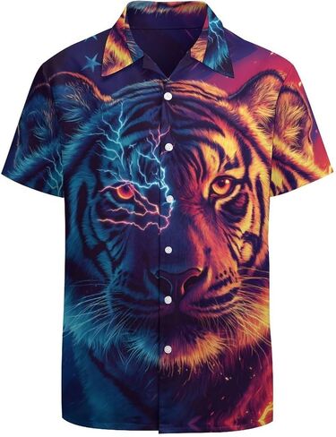 Tiger USA Flag Mens Button Down Short Sleeve Shirt Casual T Shirts Summer Beach Tops with Pocket in Saudi Arabia
