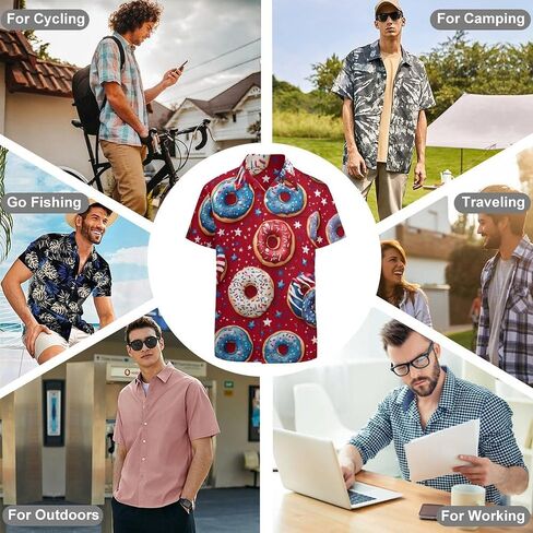 US Donut Sweets Mens Button Down Short Sleeve Shirt Casual T Shirts Summer Beach Tops with Pocket in Saudi Arabia