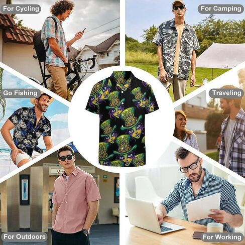 Mardi And Gras Mens Button Down Short Sleeve Shirt Casual T Shirts Summer Beach Tops with Pocket in Saudi Arabia