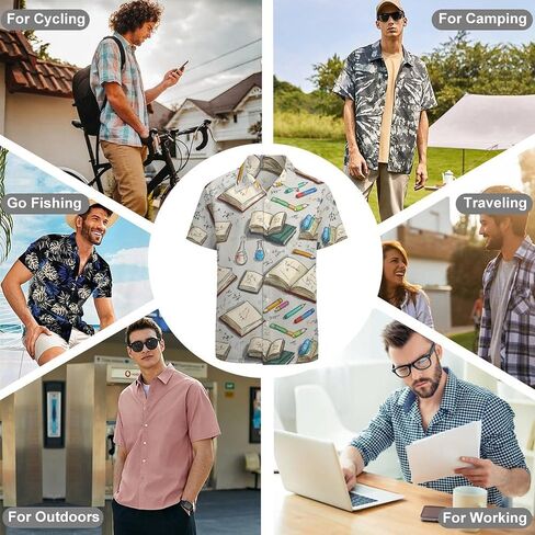 Book Pencil Mens Button Down Short Sleeve Shirt Casual T Shirts Summer Beach Tops with Pocket in Saudi Arabia
